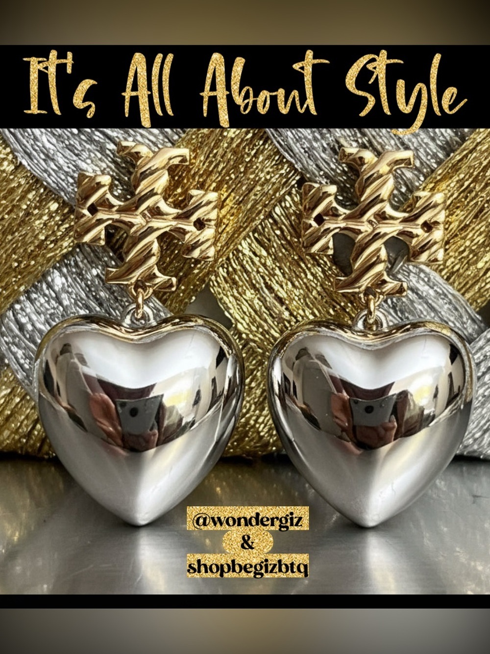 NWT Authentic Tory Burch Textured Heart Drop Earrings in Gold and Silver